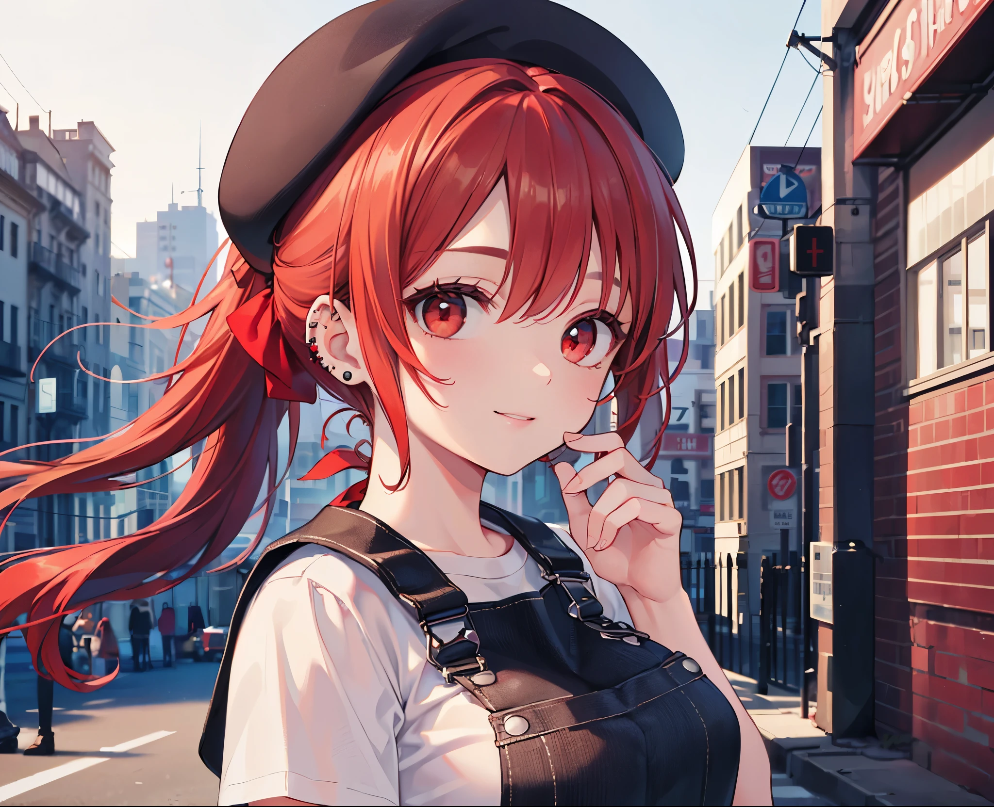 (Close-up:1.3),Realistic,Highest quality, Ultra Detail, High-quality CG rendering, The most delicate and beautiful, Floating softly, High resolution, (1 girl), (Highest quality,4K,8K,masterpiece:1.2),(All red hair:1.5), (ponytail:1.5),(Red eyes:1.5),(Slightly larger breasts:1.2), (Light brown overalls:1.3),(Pure white inner T-shirt:1.3),(Black boots:1.3)、(Light brown beret:1.3)、Piercing in left ear,In the city,old buildings,smile