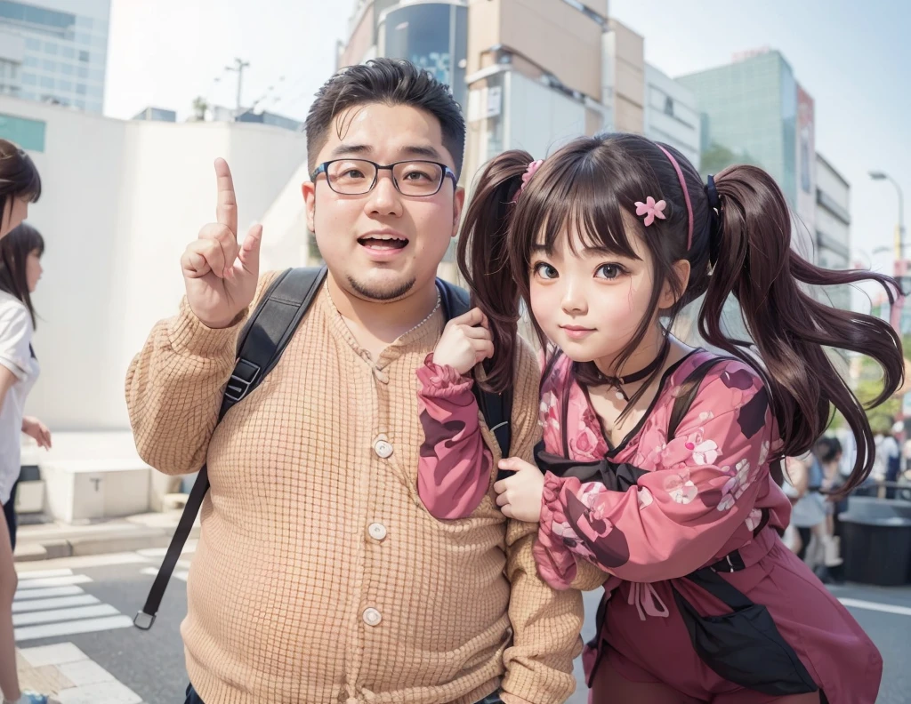 A very fat Japanese otaku and a girl dressed in pink　Cross your arms　photograph　Akihabara