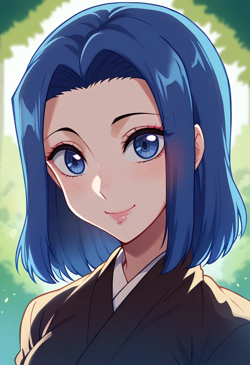 a cartoon character from Demon Slayer, 1girl, beautiful detailed eyes, beautiful detailed lips, extremely cute, smile cute, black and BLUE hair, BLUE Eyes,  usando uma saia, e vestindo um Haori branco, olhos azuis oceano, fundo de dia, background light day Forest. 