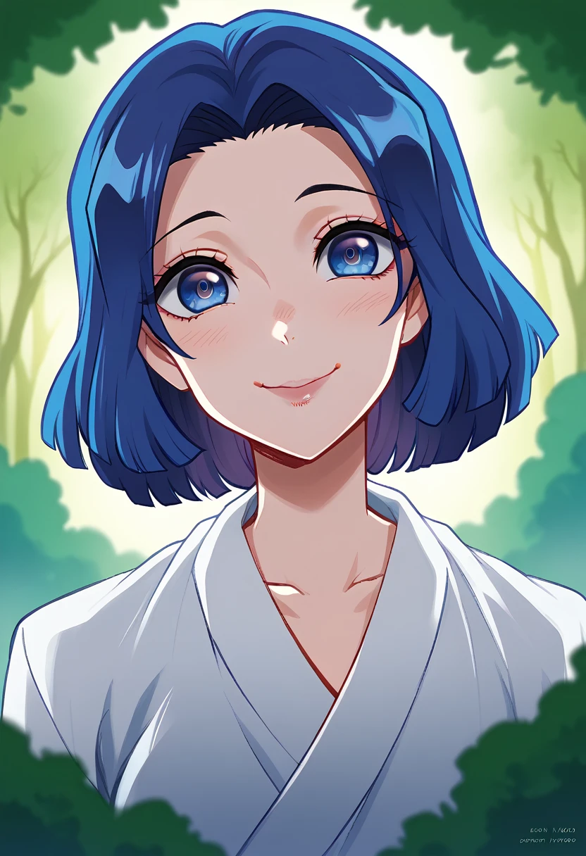 a cartoon character from Demon Slayer, 1girl, beautiful detailed eyes, beautiful detailed lips, extremely cute, smile cute, black and BLUE hair, BLUE Eyes,  usando uma saia, e vestindo um Haori branco, olhos azuis oceano, fundo de dia, background light day Forest. 