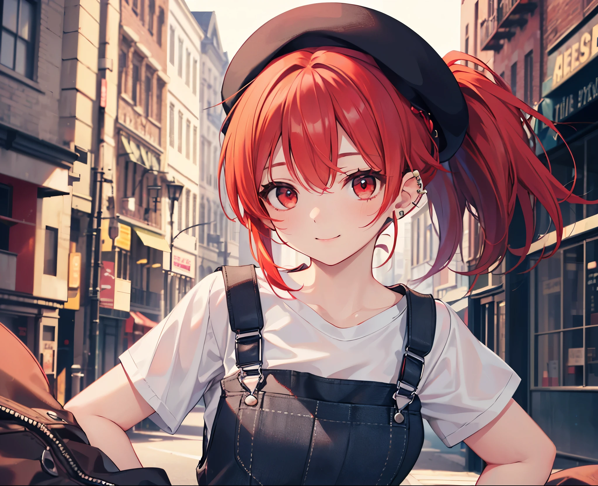 (Close-up:1.3),Realistic,Highest quality, Ultra Detail, High-quality CG rendering, The most delicate and beautiful, Floating softly, High resolution, (1 girl), (Highest quality,4K,8K,masterpiece:1.2),(All red hair:1.5), (ponytail:1.5),(Red eyes:1.5),(Slightly larger breasts:1.2), (Light brown overalls:1.3),(Pure white inner T-shirt:1.3),(Black boots:1.3)、(Light brown beret:1.3)、Piercing in left ear,In the city,old buildings,smile