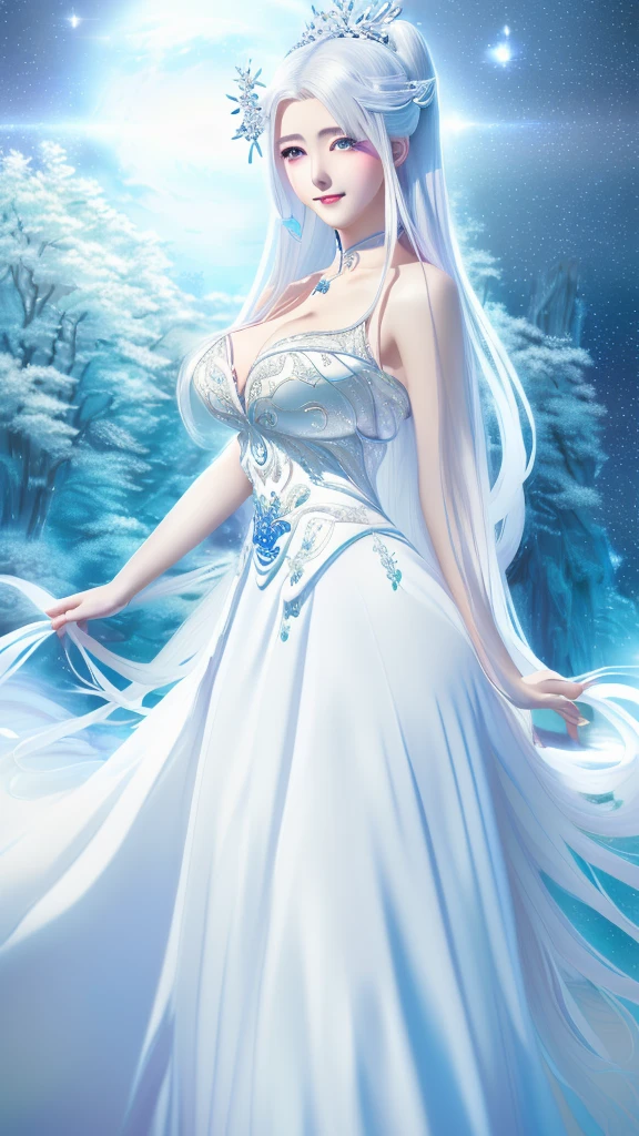 anime girl in a white dress with a white long hair, ((a beautiful fantasy saintess), anime visual of a young woman, anime key visual of elegant, a beautiful fantasy saintess, full body xianxia, cute anime waifu in a nice dress, white haired deity, ethereal anime, royal elegant pose, anime goddess, big breast, thick ass