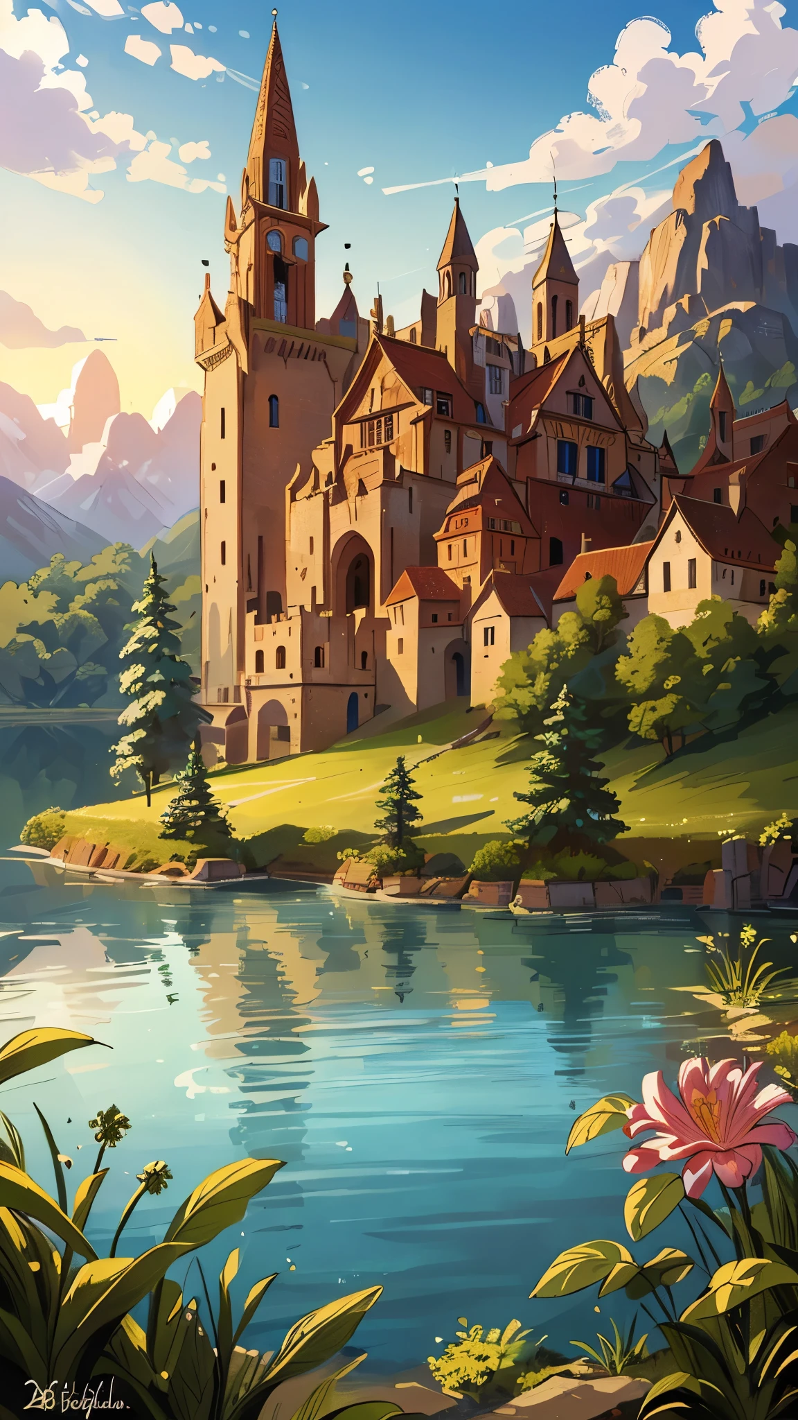 re painted chibi style very detailed best quality masterpiece medieval city built along a beautiful lake perfect lighting