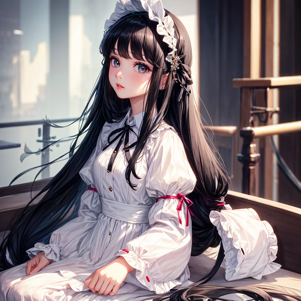 best quality, (Reality:1.2), 1 Girl, Solitary, Delicate face, Face Focus, permanent, Black Hair,(Hair accessories:1.35),Office female staff, Ribbon detail at sleeves, Separate sleeves, Ribbon trim, Wide sleeves, (Looking at the audience:1.5) Long hair, black eyes, Bangs, Lips,