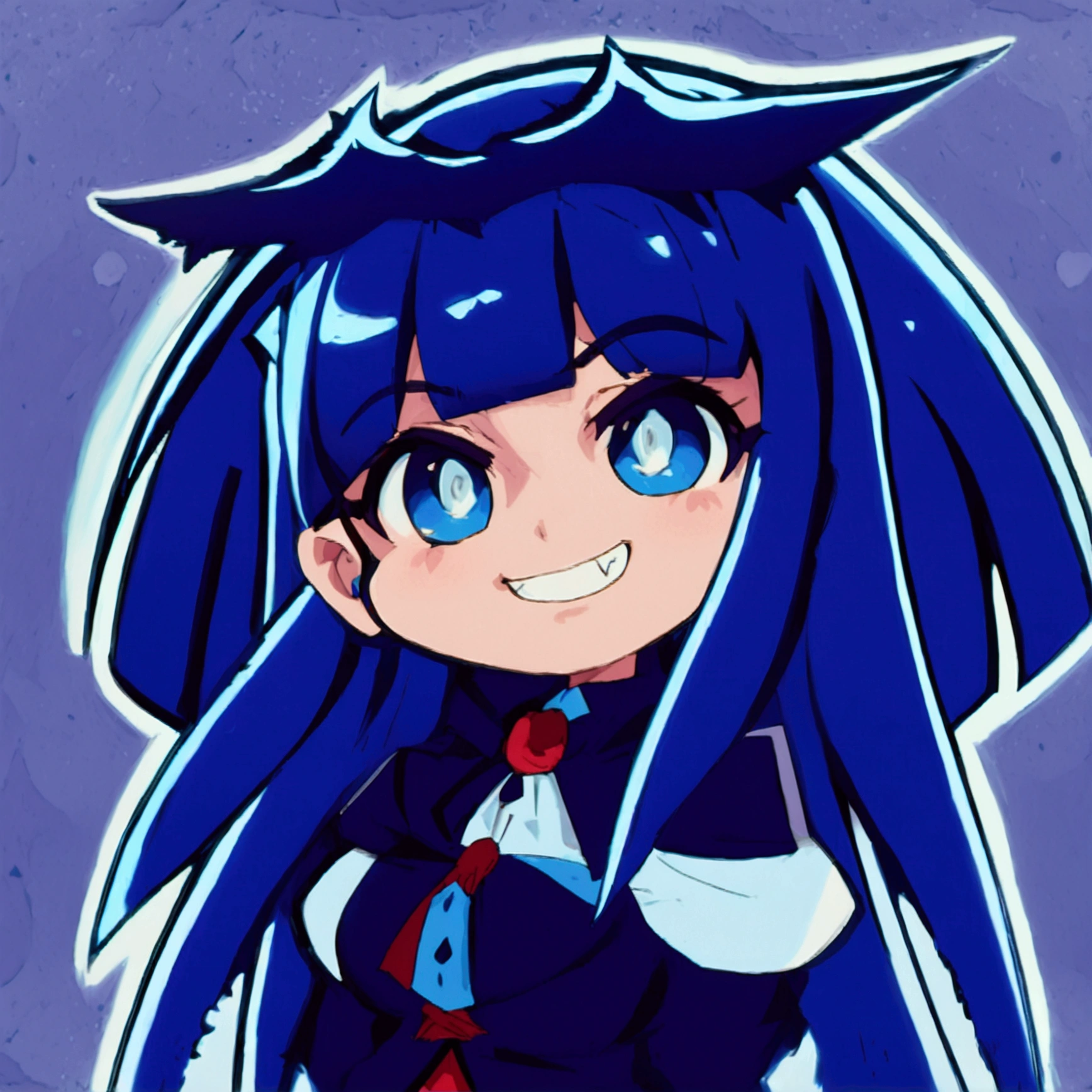 Close-up of a cartoon character with blue hair and blue outfit, anime moe artstyle, 2D anime style, [[[[grinning evilly]]]], , cel - shaded art style, I&#39;ll do fanart too, nasty grin, hero 2d fanart art, chibi, vampire