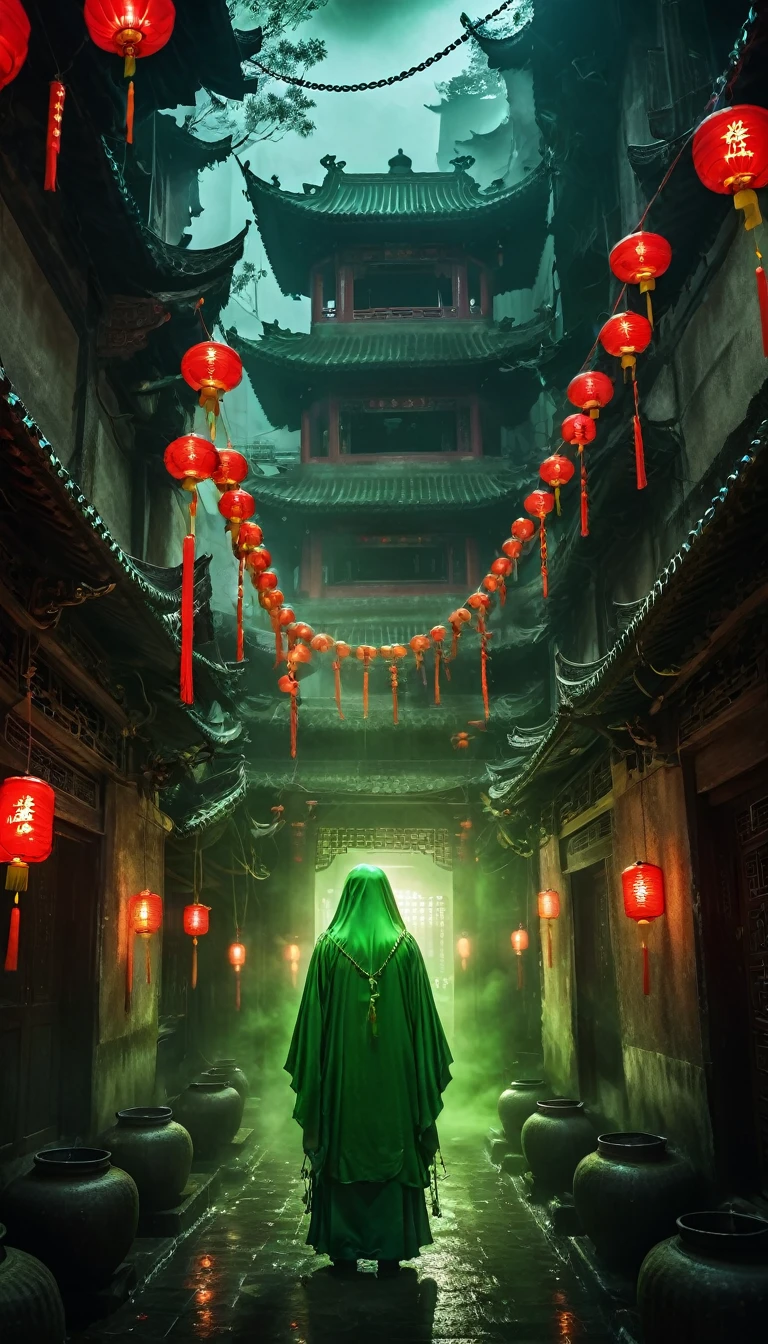 Haunting Chinese Ghost Stories, Creepy Chinese architecture, Tanabata Festival, Green ghost soup, mianpoqiao, Menpo soup, Ghost Guard, Iron Chains, Dark atmosphere lighting, Cinematic, Horror, Atmospheric, Surreal, mysterious, detailed、Ghost、ghost