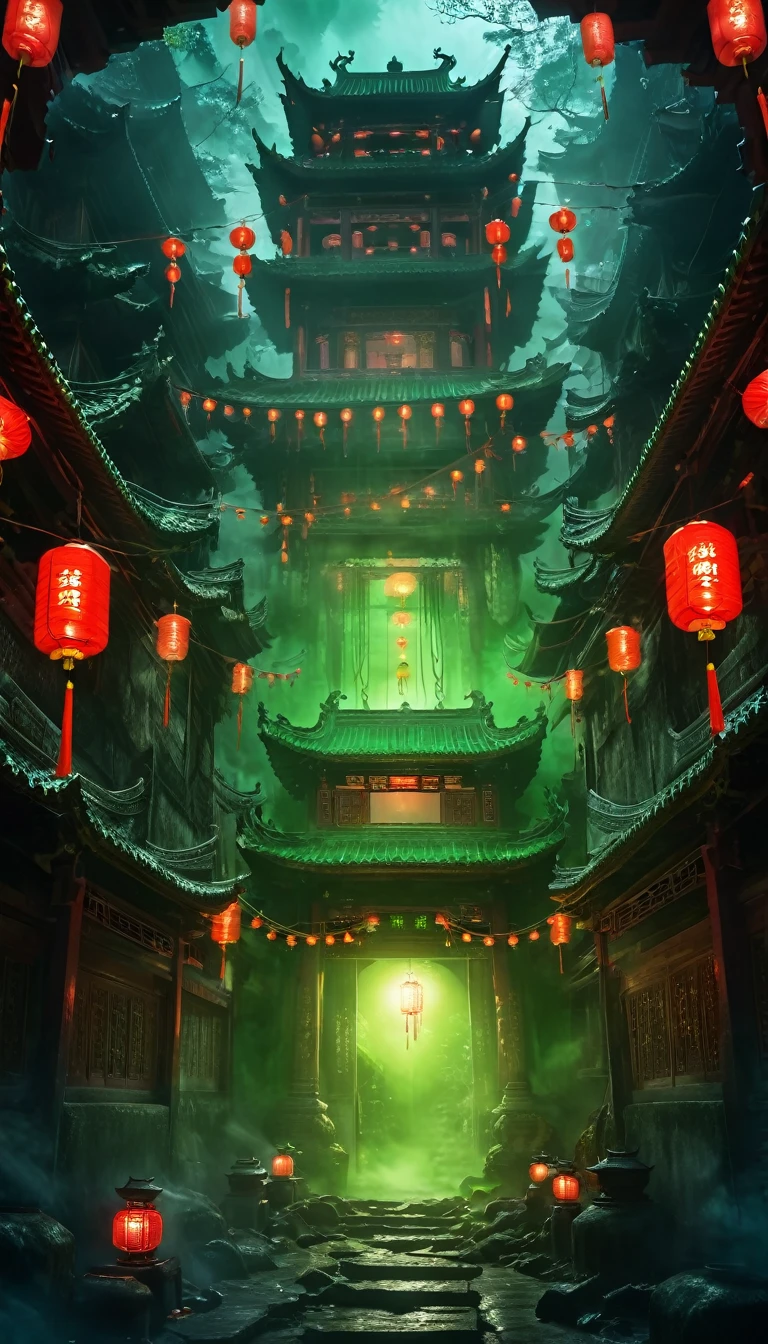 Haunting Chinese Ghost Stories, Creepy Chinese architecture, Tanabata Festival, Green ghost soup, mianpoqiao, Menpo soup, Ghost Guard, Iron Chains, Dark atmosphere lighting, Cinematic, Horror, Atmospheric, Surreal, mysterious, detailed、Ghost、ghost