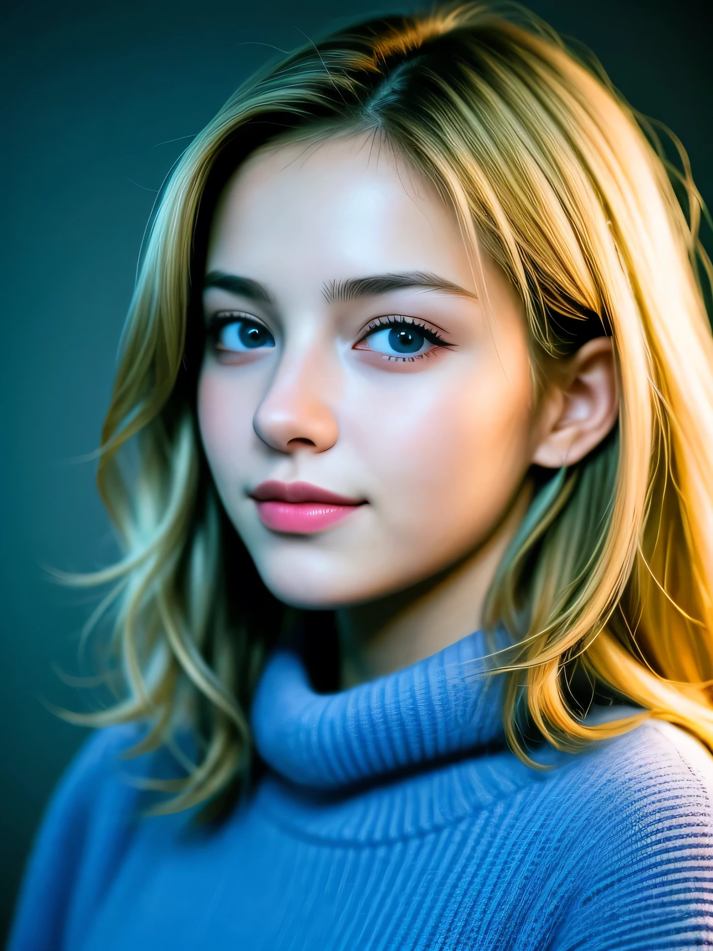 (Photo Real:1.4), (hyper realisitic:1.4), (Smooth lighting:1.05), 1 girl, teenager, blue eyes, happy, shy, smile, (looking away:1.2), Close-up of the face, Soft lighting, Back lighting, (Finest Real Textured Skins), Super fine face, glowy skin, retinas, Anatomically correct, (Blonde Wavy medium hair:1.1), Textured skin, High quality, high details, Best Quality, High resolution, sweater