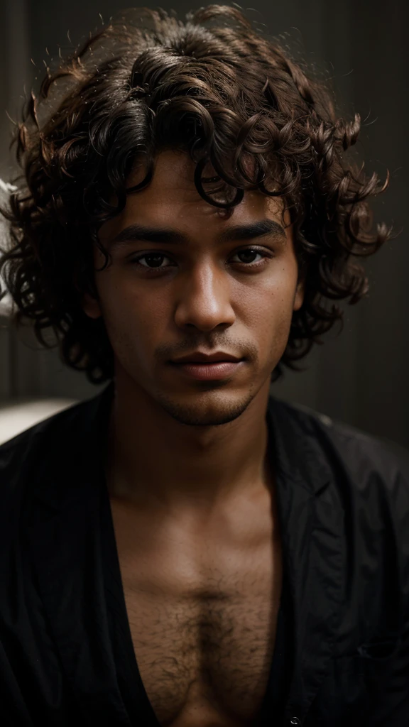 Create a dark man with curly hair full of dreams but discouraged by fear and criticism