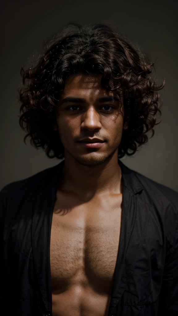 Create a dark man with curly hair full of dreams but discouraged by fear and criticism