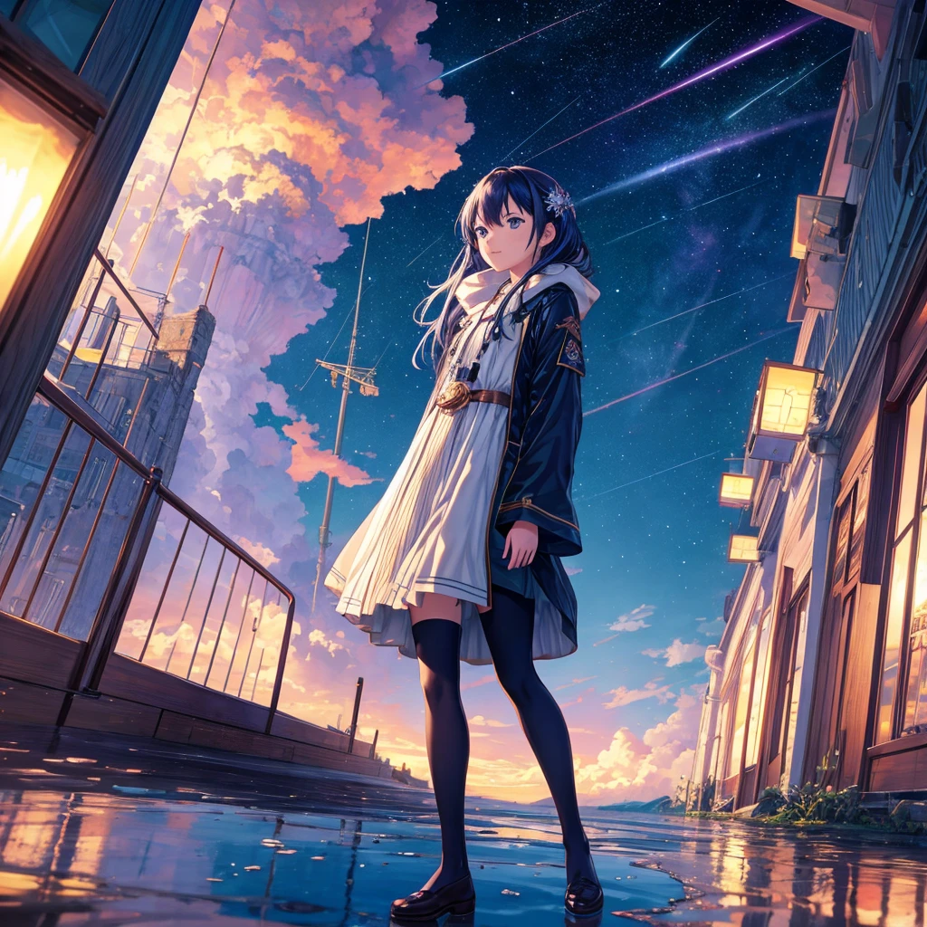 1 girl, Eye, close up, Beautiful night sky, Meteor Showers, Beyond the clouds, Surrounded by water, Reflection, Wide Angle, Stunning clouds, Wide Angle, author:Shinkai Makoto, Thomas Kinkade, James Girard, author:holosomnialandscape, Human Development Report, Volumetric Lighting, Ray Tracing, complex, High Detail, Very detailed, Devian Tower, 4k vertical screen wallpaper,, rich and colorful, ventilation, Anime Illustrations, Anime Nature Wallpaper