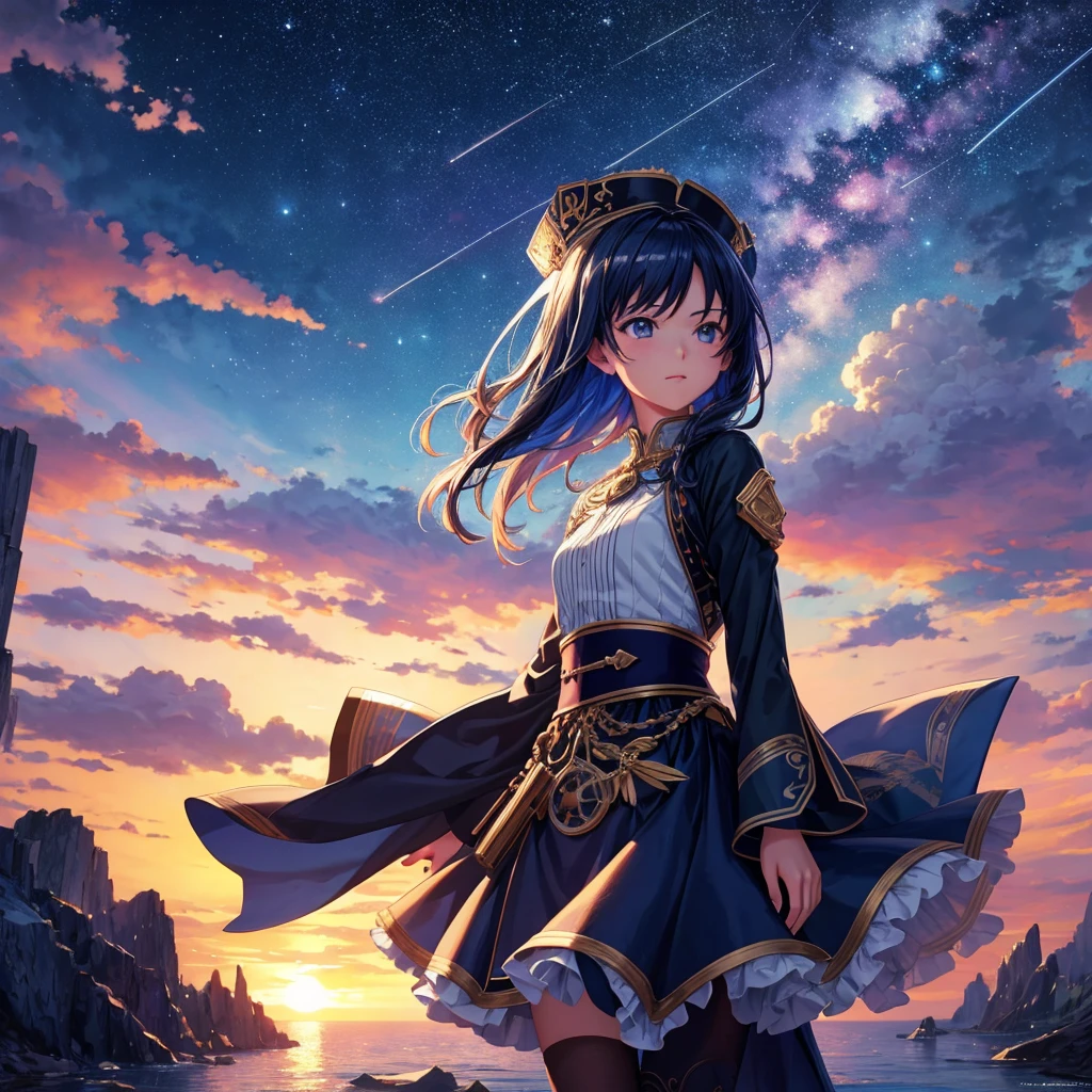 1 girl, Eye, close up, Beautiful night sky, Meteor Showers, Beyond the clouds, Surrounded by water, Reflection, Wide Angle, Stunning clouds, Wide Angle, author:Shinkai Makoto, Thomas Kinkade, James Girard, author:holosomnialandscape, Human Development Report, Volumetric Lighting, Ray Tracing, complex, High Detail, Very detailed, Devian Tower, 4k vertical screen wallpaper,, rich and colorful, ventilation, Anime Illustrations, Anime Nature Wallpaper