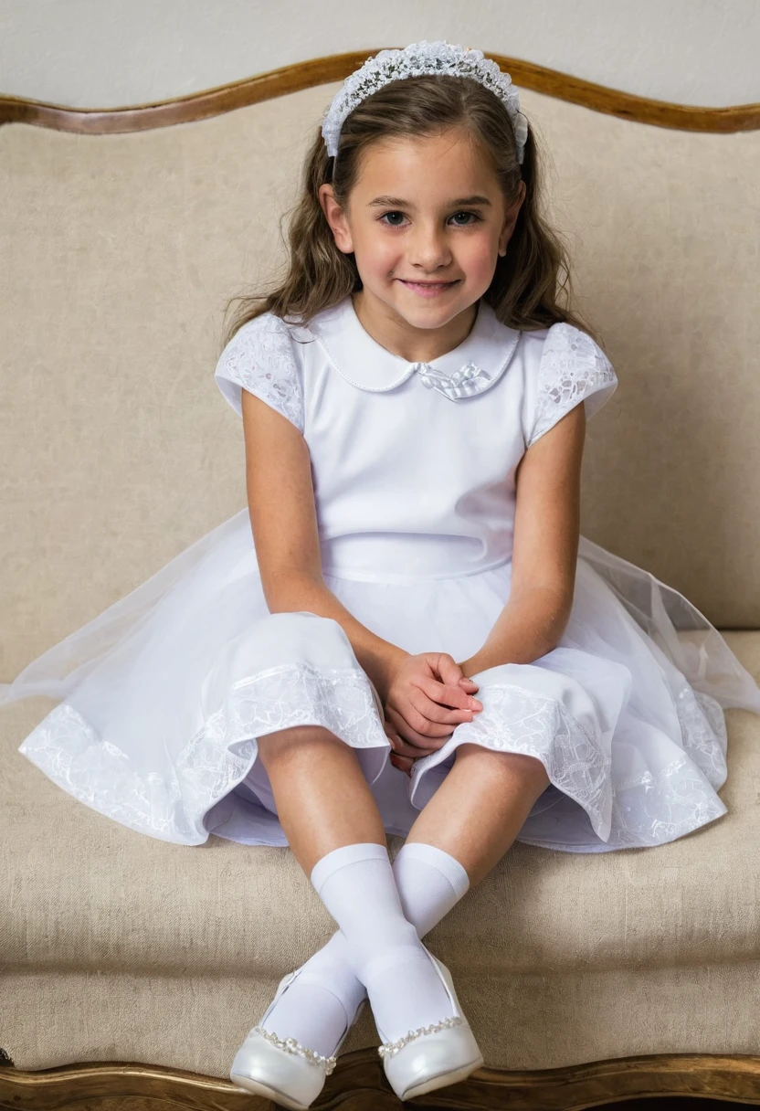 8 year old girl first communion sitting show stocking with legs