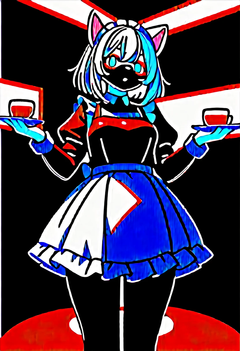 Highest quality, Highest quality, High quality illustrations, masterpiece, Ultra-high resolution, Detailed Background, Cafe, Absurd, Perfect Anatomy, performance, Good lighting, Shadows in the movies(kemono, Furry Personifi猫ion), White Skin, Rubber suit, Rubber suit, latex, neon, neonライト, neonカラー, Rubber maid outfit, ribbon, Rubber mask