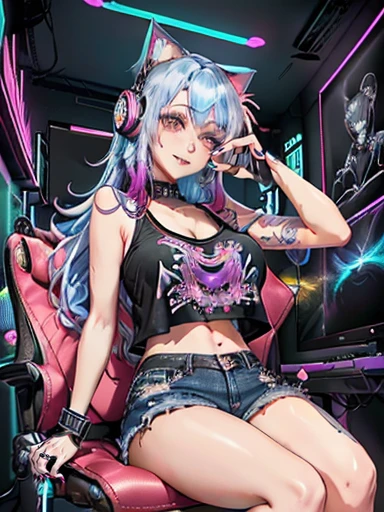 Beautiful Colorful anime girl with kitty ear gaming headset, sitting on a chair, seductive anime girl, 4k anime style, Extremely detailed Artgerm, anime girl best konachan 4k anime wallpaper, , anime style. 8K, Girly, 8K High Quality Detailed Art, Anime Girl, Attractive Anime Girl, Trending on cgstation, Top Quality, Top Image Quality, Masterpiece, 18 Year Old Girl, Oriental Style Tebori Tattoo on Right Shoulder, Tebori style oriental tattoo on left wrist, Irezumi style oriental dragon tattoo on belly, Irezumi style tattoo of karpas doing the wing and wang on right thigh, Black low-cut tank top, Exposed navel, denim shorts, Perfect bust, Bust 85, RGB colored hair, blue hair, purple hair, pink hair, Long hair, loose hairstyle, blue eyes, seductive lips, Thin lips, piercing in the left corner of the mouth, nose piercing, open chest, happiness, black bracelet on the right wrist, sitting on a gaming chair, slim body, perfect body a cute smile, Streamer, sexy pose, , high quality, background with ((neon color room with colorful RGB lights, gaming PC with colorful RGB neon lights, PC gaming desk, gaming chair, 50 inch TV)), table,Beautiful girl colorful