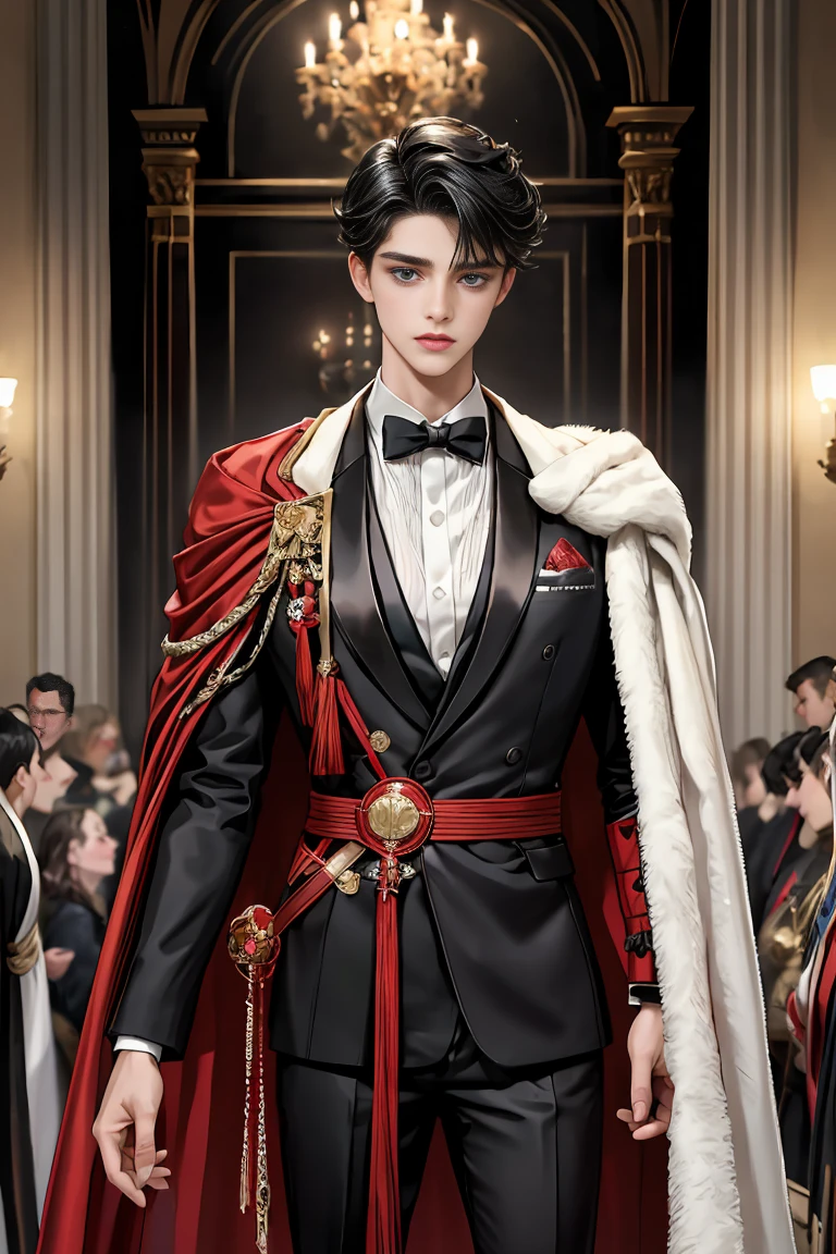 masterpiece, 最high quality, high quality, 1 boy, alone, Male focus, Watching the audience, Messy black hair, Adorable big blue eyes, White people, Noble, Noble,Sexy voluminous black and red cape、Tuxedo、A very voluminous, large, very large, very large, long, long red and black cape with a high stand-up collar, reaching down to the floor, made of a lot of fabric., 17 years old,Cute beautiful boys,Cute, cute, kind, handsome guy