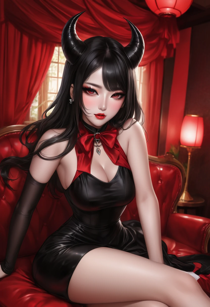 The expression of dissatisfaction and collapse，Sexy，【Pheromones】，《Chloroform》，《L cup》The  devil, Glamorous eye makeup。Wear cool and revealing clothes, Raise your left foot。The devil&#39;s cheeks are slightly red，Blind eyes，The female devil is Asian。The female devil is wearing a low-cut Hanfu cloth bag。Fair skin on the waist。The thighs are fair and slender，The characters&#39; faces are as mature as possible.。background：rainstorm。The clothes are soaked and stick to the body。Add some fantasy effects。Magic light effects。Real-life shooting TV drama effects。The female devil image is based on actress Zhao Liying，Ultra-high resolution。Production quality reference Xuanji Technology