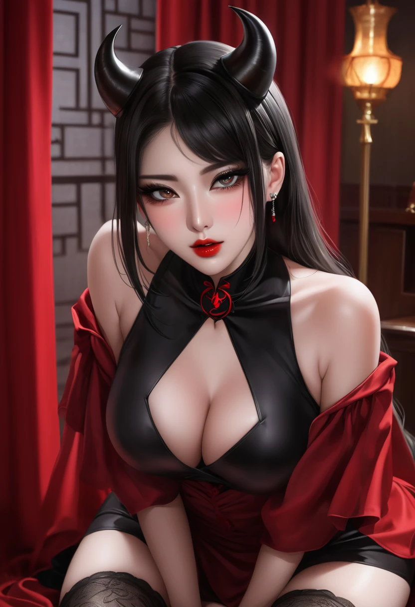 The expression of dissatisfaction and collapse,Sexy,【Pheromones】,《Chloroform》,《L cup》The devil, Glamorous eye makeup。Wear cool and revealing clothes, Raise your left foot。The devil's cheeks are slightly red,Blind eyes,The female devil is Asian。The female devil is wearing a low-cut Hanfu cloth bag。Fair skin on the waist。The thighs are fair and slender,The characters' faces are as mature as possible.。background:rainstorm。The clothes are soaked and stick to the body。Add some fantasy effects。Magic light effects。Real-life shooting TV drama effects。The female devil image is based on actress Zhao Liying,Ultra-high resolution。Production quality reference Xuanji Technology