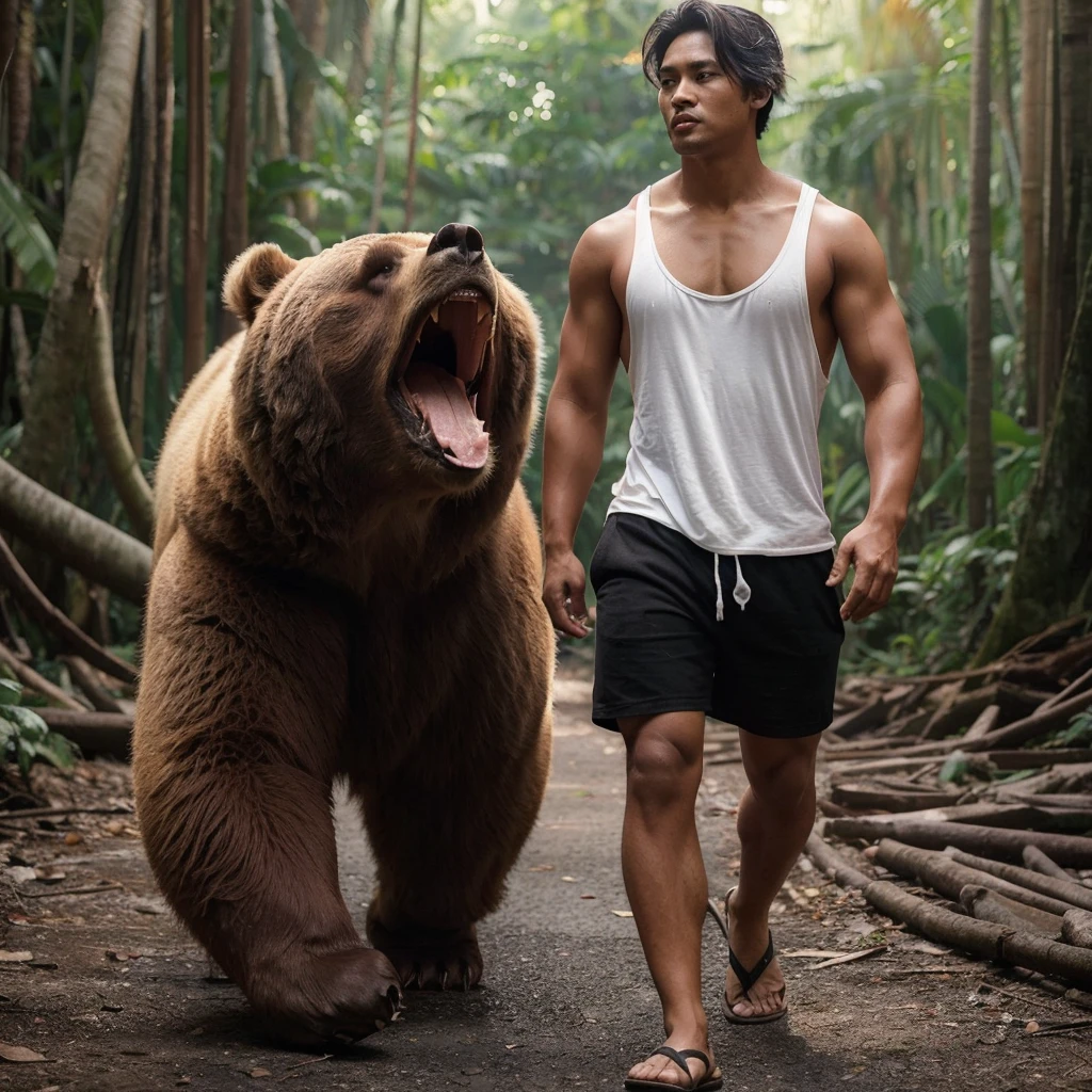 A handsome 30-year-old Indonesian man with layered hair, wearing a white singlet and black shorts, is crawling on a large rock by a river. His face shows fear as a large angry bear approaches from behind, ready to pounce. The background features a waterfall by the river.