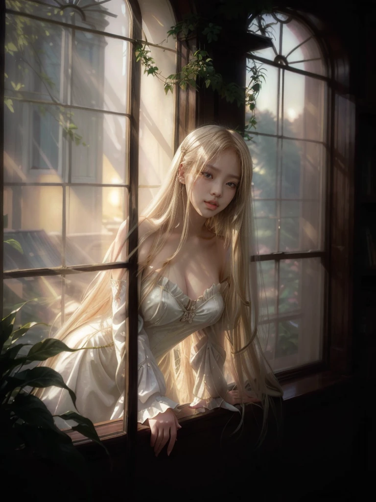 blonde haired woman big natural breasts  in white dress Victorian era l peeking out the window surrounded by plants  while her long hair flies in the air, anime. soft lighting, blonde anime girl with long hair, artwork in the style of guweiz, beautiful anime portrait, with white long hair, anime girl with long hair, guweiz, beautiful anime girl, with long white hair, beautiful anime style, anime realism style, blonde - haired princess