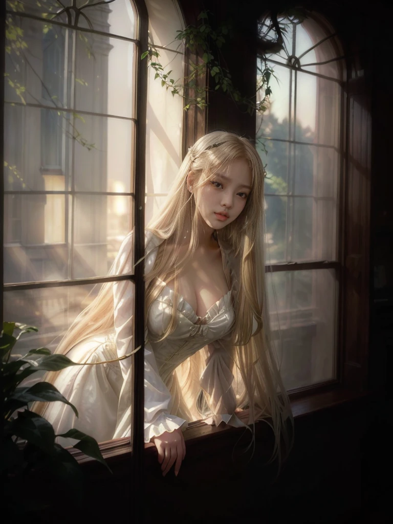 blonde haired woman big natural breasts  in white dress Victorian era l peeking out the window surrounded by plants  while her long hair flies in the air, anime. soft lighting, blonde anime girl with long hair, artwork in the style of guweiz, beautiful anime portrait, with white long hair, anime girl with long hair, guweiz, beautiful anime girl, with long white hair, beautiful anime style, anime realism style, blonde - haired princess