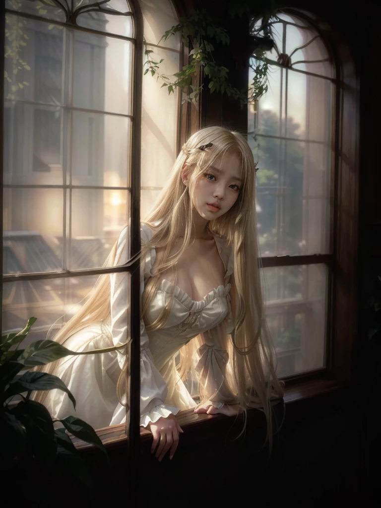 blonde haired woman big natural breasts  in white dress Victorian era l peeking out the window surrounded by plants  while her long hair flies in the air, anime. soft lighting, blonde anime girl with long hair, artwork in the style of guweiz, beautiful anime portrait, with white long hair, anime girl with long hair, guweiz, beautiful anime girl, with long white hair, beautiful anime style, anime realism style, blonde - haired princess