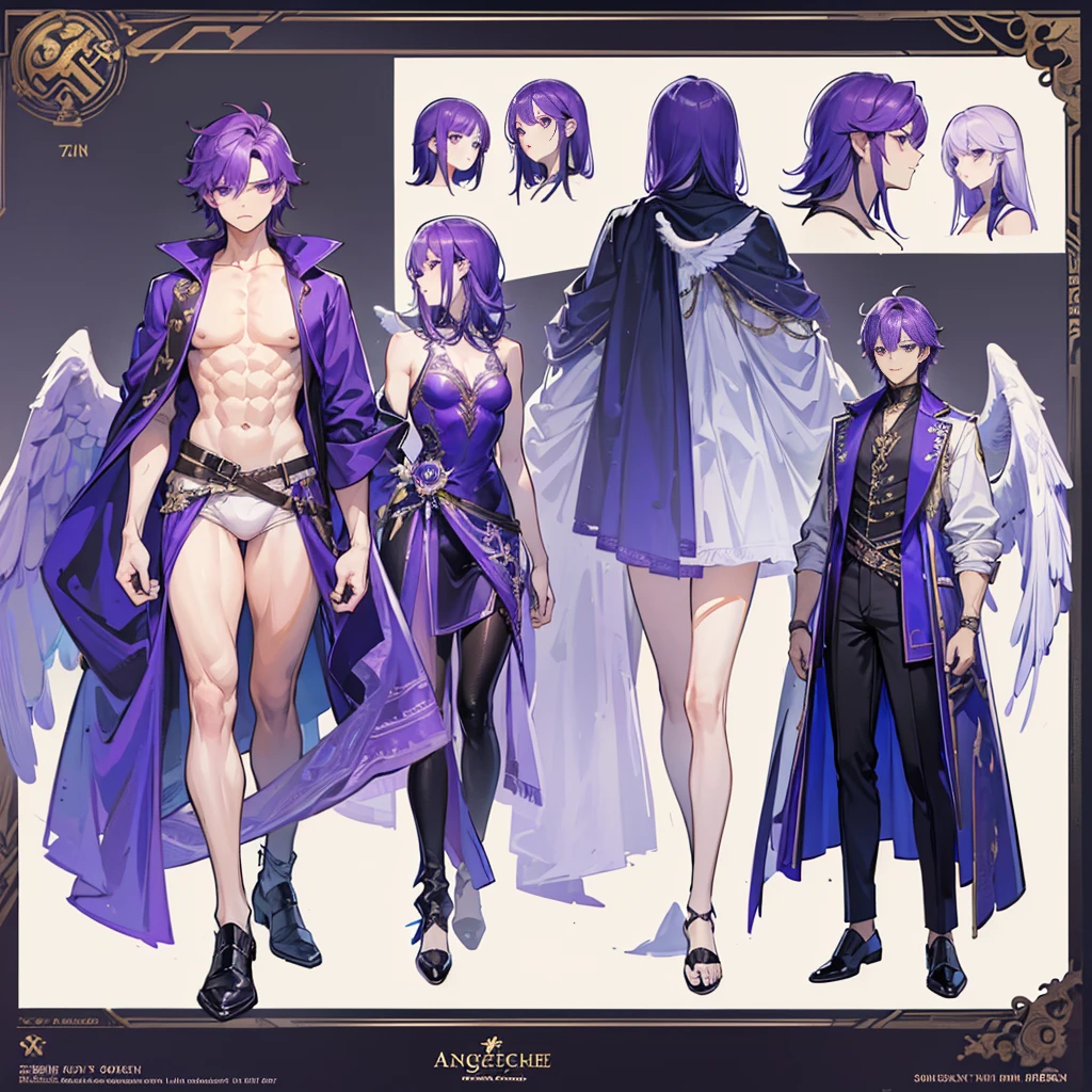 (Masterpiece, best quality), detailed, 1 man, ((character concept art)), ((character design sheet, same character, front, side, back)), full body, body complete, 1 Male angel, 1 Man angel, Detailed face, character design sheet，full bodyesbian, Highly detailed, character sheet, character design, Many parts, dark skin, angel wings, short purple hair, angel outfit, muscle male god, male clothes, masculine, muscle man, male muscle, manly, male angel, Muscle male with long short purple hair，beautiful man, beautiful muscle man, abs, pectoral muscle