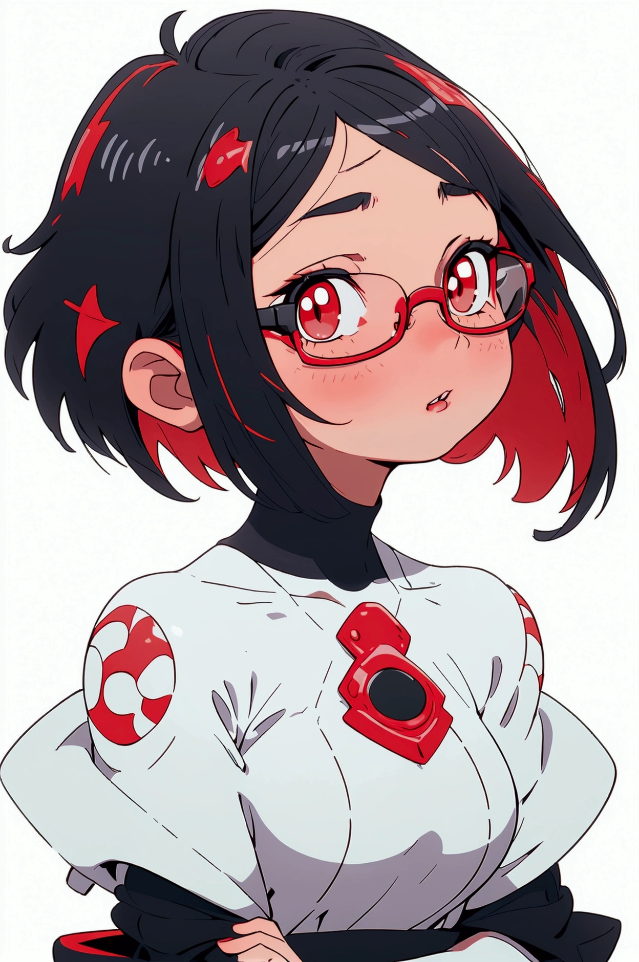 Sexy girl with bob cut wears glasses, white background, black eyes, face waiting for kiss, white skin, big breasts, looking up, black hair, white underlayer, bare shoulders, highlighting breasts, parted lips, red cheek, half body