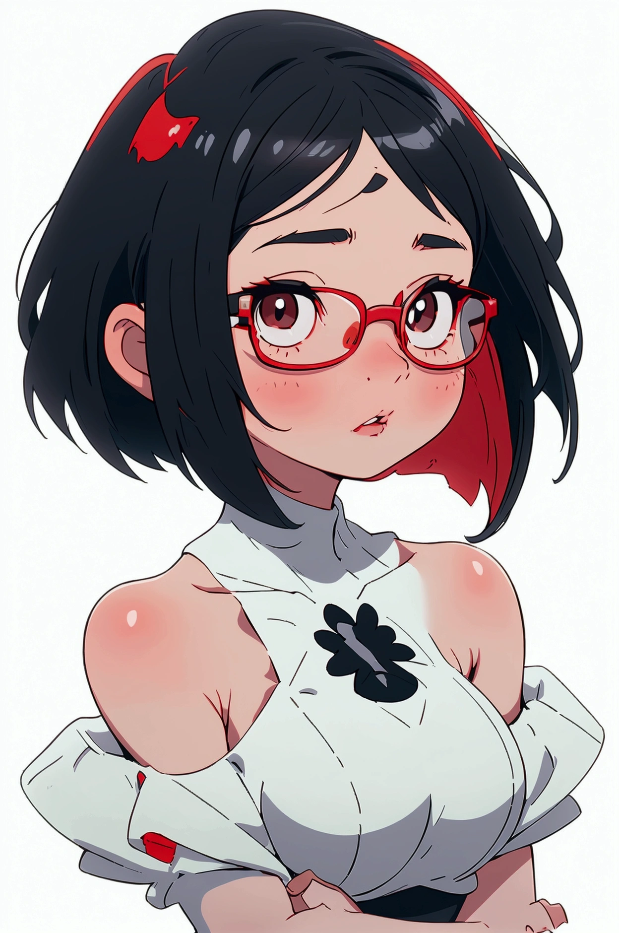 Sexy girl with bob cut wears glasses, white background, black eyes, face waiting for kiss, white skin, big breasts, looking up, black hair, white underlayer, bare shoulders, highlighting breasts, parted lips, red cheek, half body