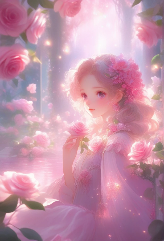 wallpaper hd, Flower art, Rose, Blooms in spring, Photo, kawaii, Cute anime, Girl, Light magenta and light crimson style, angura kei, sparkling water reflections, Rococo portrait, ethereal trees, Univalent, les nabis,serenidade,Dreamy,16k