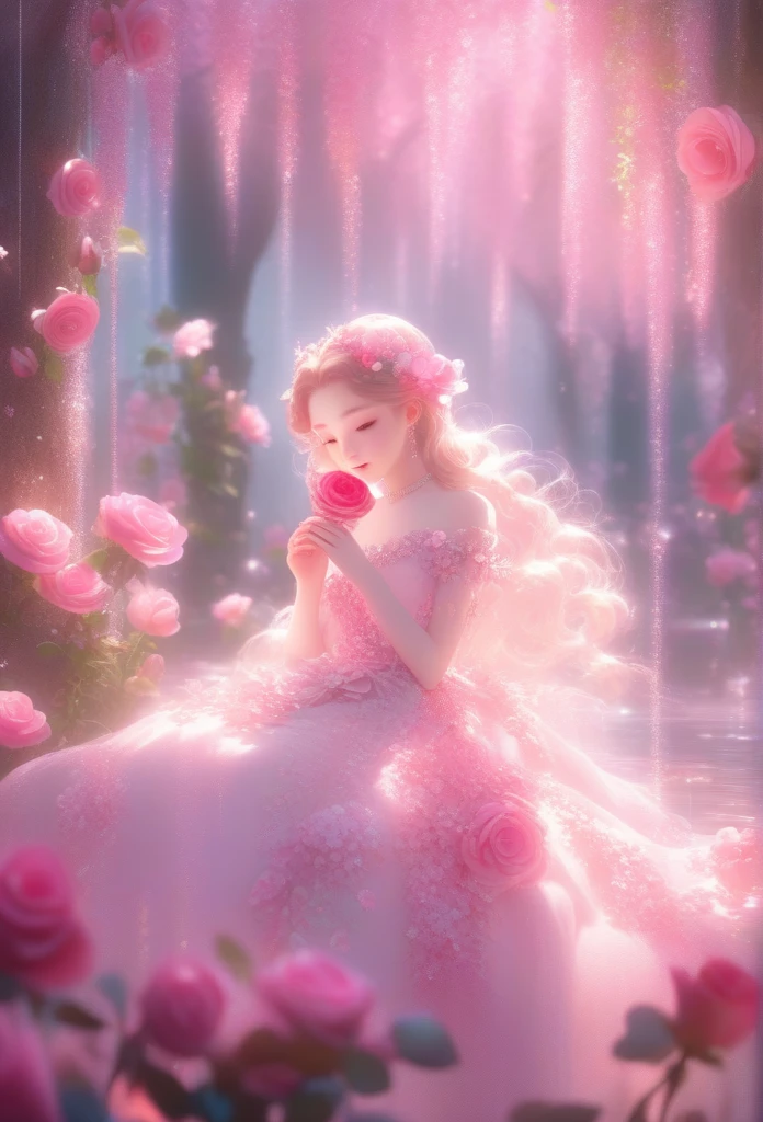 wallpaper hd, Flower art, Rose, Blooms in spring, Photo, kawaii, Cute anime, Girl, Light magenta and light crimson style, angura kei, sparkling water reflections, Rococo portrait, ethereal trees, Univalent, les nabis,serenidade,Dreamy,16k