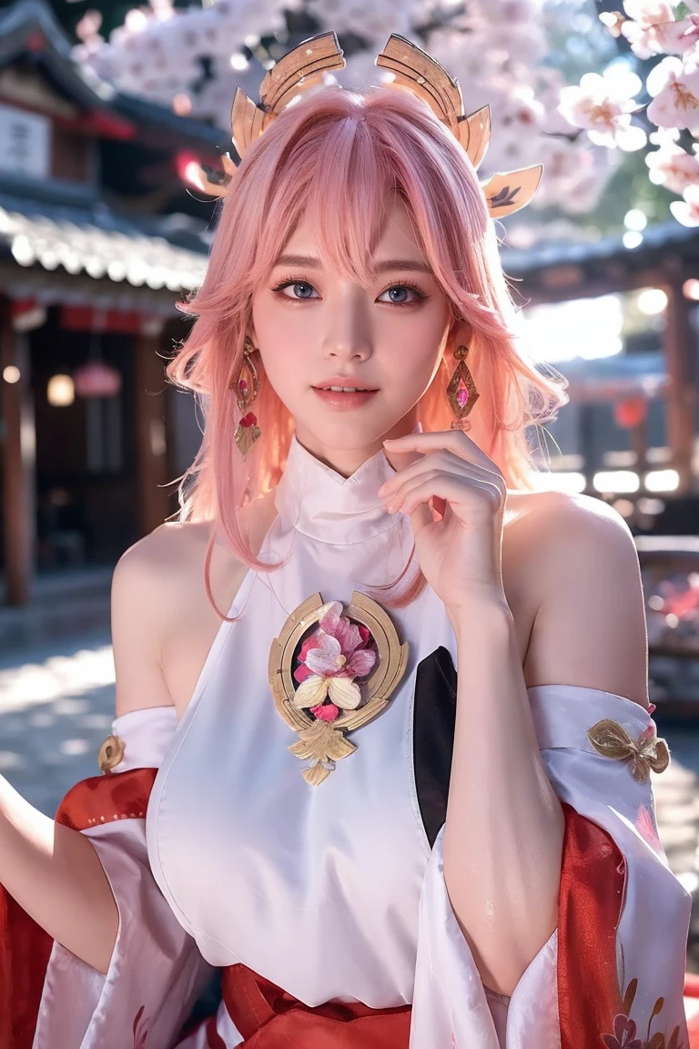 kpop idol, yae miko, detached sleeves, bare shoulders, pink hair, long hair, japanese clothes, best quality, (painting:1.5), (hair ornament:1.35), jewelry, purple eyes, earrings, (big round breasts, large breasts: 1.2), torii, cherry blossoms, lantern light, depth of field face focus, ribbon_trim, (looking at viewer:1.25), nontraditional miko, shiny skin, long sleeves, A veil covering the mouth, east asian architecture, (blurry background:1.2), sitting, upper body,((ultra high res, 8k, RAW photo, best quality, masterpiece:1.47746,realistic:1.4, photo-realistic:1.4,cinematic lighting:1,intricate details:1,raw photo:1))(((ultra-detailed:1.47746))),professional lighting,((physically-based rendering:1)), ((ruddy skin:1,sweat))lens flare,ray tracing ,(extremely detailed face, beautiful detailed eyes,expressive hair:1.5,shiny hair;1)cinematic lighting,(vivid expression) (body muscle:1) solo(1girl:1.5)((smiling:1),(plump figure:1,blance body:1)(realistic hand,realistic clothes)