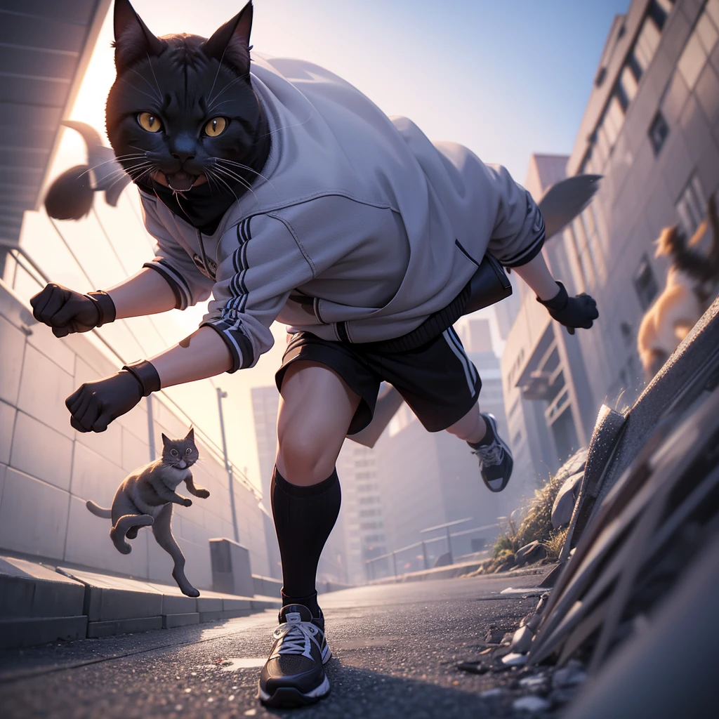 A photorealistic 3D detailed character, running pose, neko cat style, eccentric sneakers, along with black cat pet, hyperrealistic, cinematic lighting, highly detailed, intricate textures, dynamic motion blur, 4K, hyper detailed