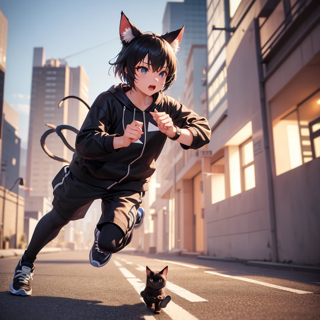 A photorealistic 3D detailed character, running pose, neko cat style, eccentric sneakers, along with black cat pet, hyperrealistic, cinematic lighting, highly detailed, intricate textures, dynamic motion blur, 4K, hyper detailed