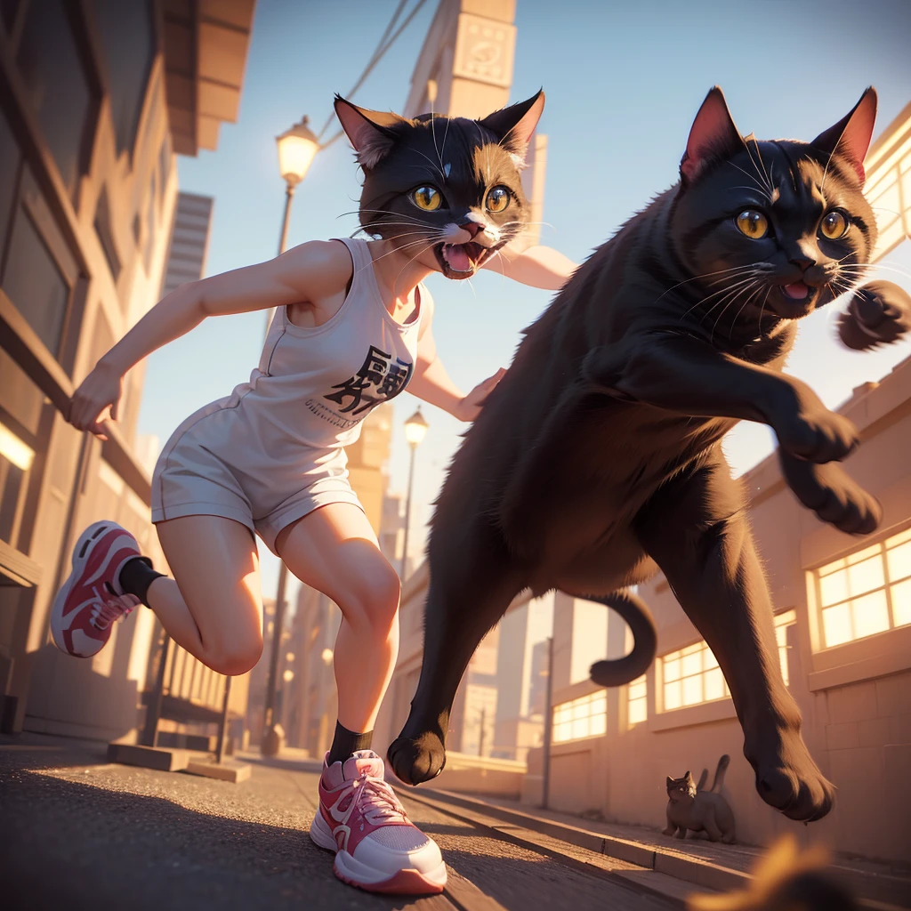 A photorealistic 3D detailed character, running pose, neko cat style, eccentric sneakers, along with black cat pet, hyperrealistic, cinematic lighting, highly detailed, intricate textures, dynamic motion blur, 4K, hyper detailed