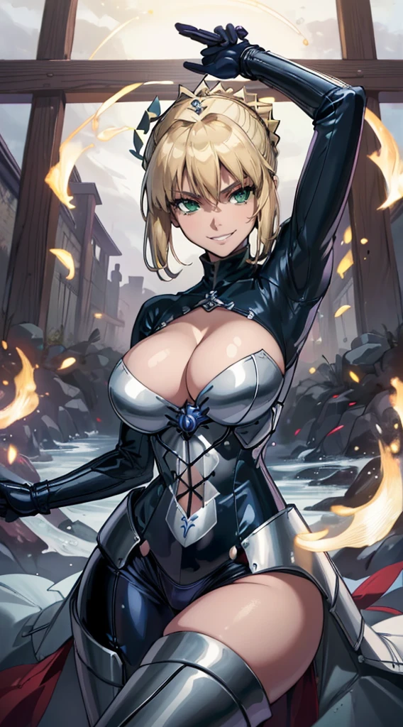 (Highest quality:1.3), Artoria Pendragon by Gate, ((Ahego)), Big Breasts, Cleavage, Fascinating, sexy face, sexy, Curved body, big ass, big , (Bodysuits), (graduate School), Grin、With a creepy smile, A smile with downturned corners