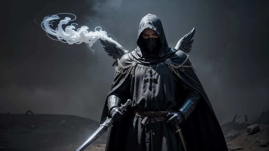 Create an image of an angel wearing black medieval style war robes and do not show his face. He is in a smoke-filled place wielding a sword.