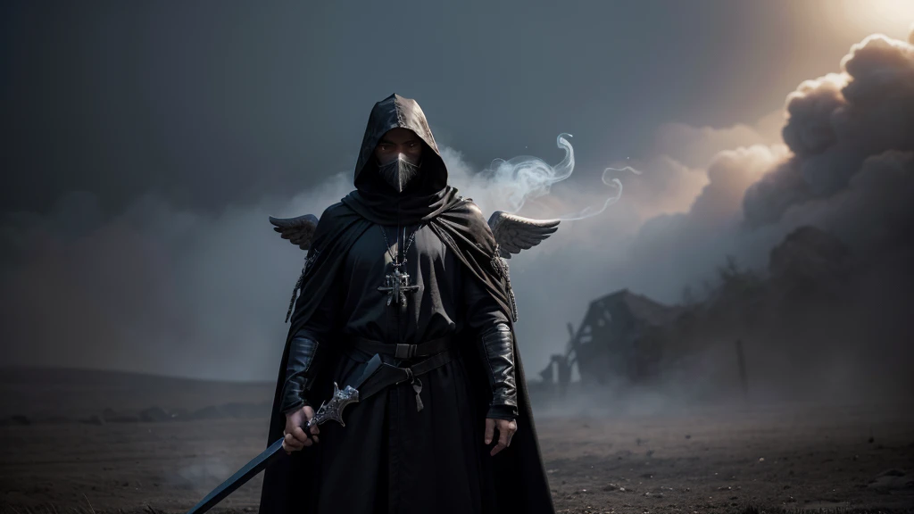 Create an image of an angel wearing black medieval style war robes and do not show his face. He is in a smoke-filled place wielding a sword.