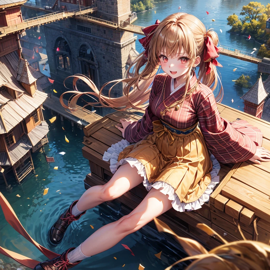 Pink, red, brown, gold, gold hair、Red gold eyes、Hair tied up、One good looking girl、solo、anime、Checkered mini skirt、Ruffles on the skirt、Checked dress、blouse、Kimono、Black knee-high socks、Ribbon、Ribbon on waist、Teeth are visible、Sparkly Necklace、From above、Cobblestones、waterfall、Starry Sky、Midnight Moon、suspension bridge、Confetti、Brick construction、Uphill、An old castle built on a rocky mountain、The scenery is reflected on the water、Sitting on the roof