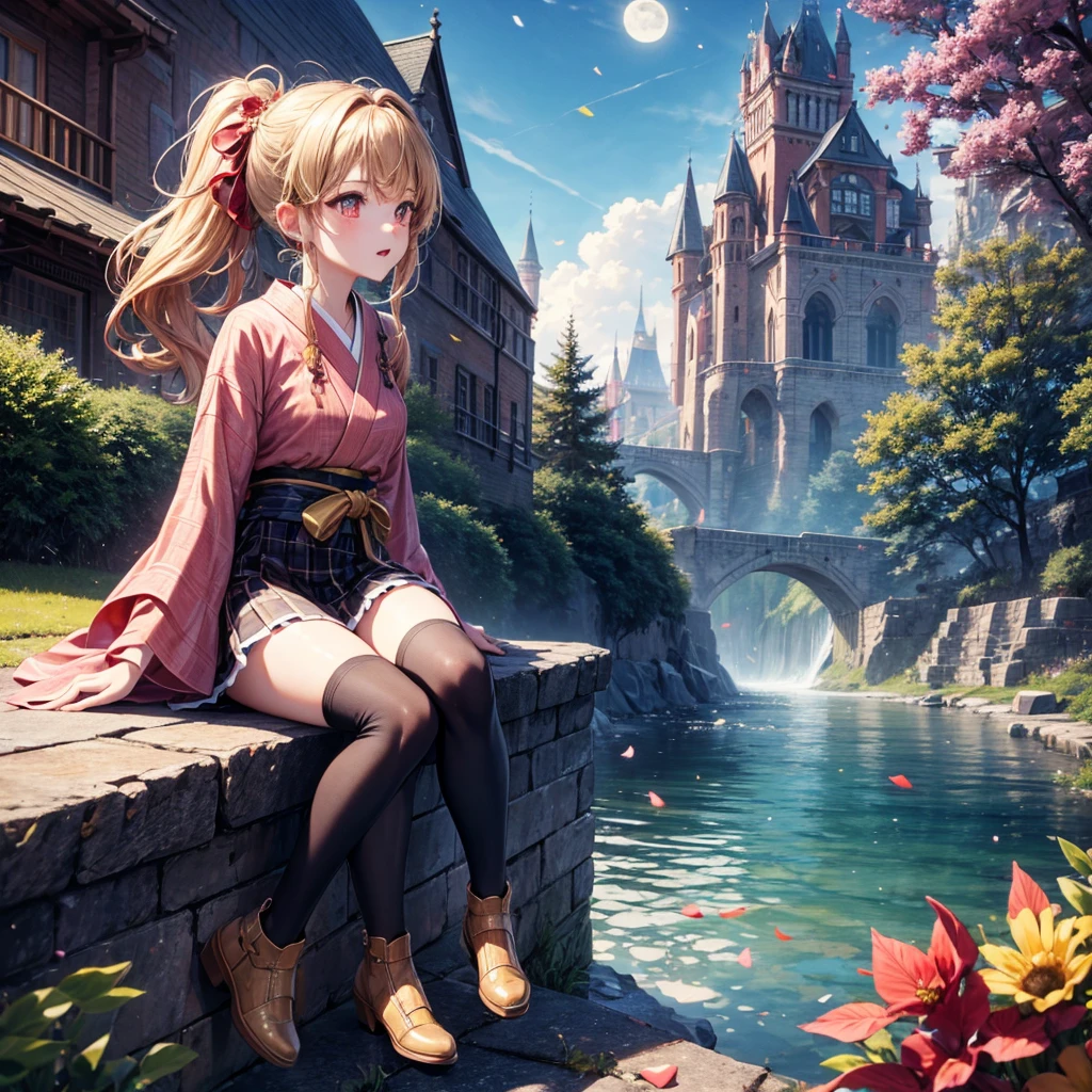 Pink, red, brown, gold, gold hair、Red gold eyes、Hair tied up、One good looking girl、solo、anime、Checkered mini skirt、Ruffles on the skirt、Checked dress、blouse、Kimono、Black knee-high socks、Ribbon、Ribbon on waist、Teeth are visible、Sparkly Necklace、From above、Cobblestones、waterfall、Starry Sky、Midnight Moon、suspension bridge、Confetti、Brick construction、Uphill、An old castle built on a rocky mountain、The scenery is reflected on the water、Sitting on the roof