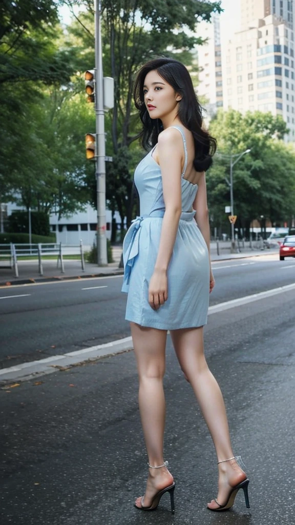 summer，18 years old plump girl，Clear facial features，Exquisite makeup，（Tight suspender skirt，Sexy short dress with hip wrap，High-heeled sandals），Thin waist and thick hips，Street background，Full body photos from all angles，grace