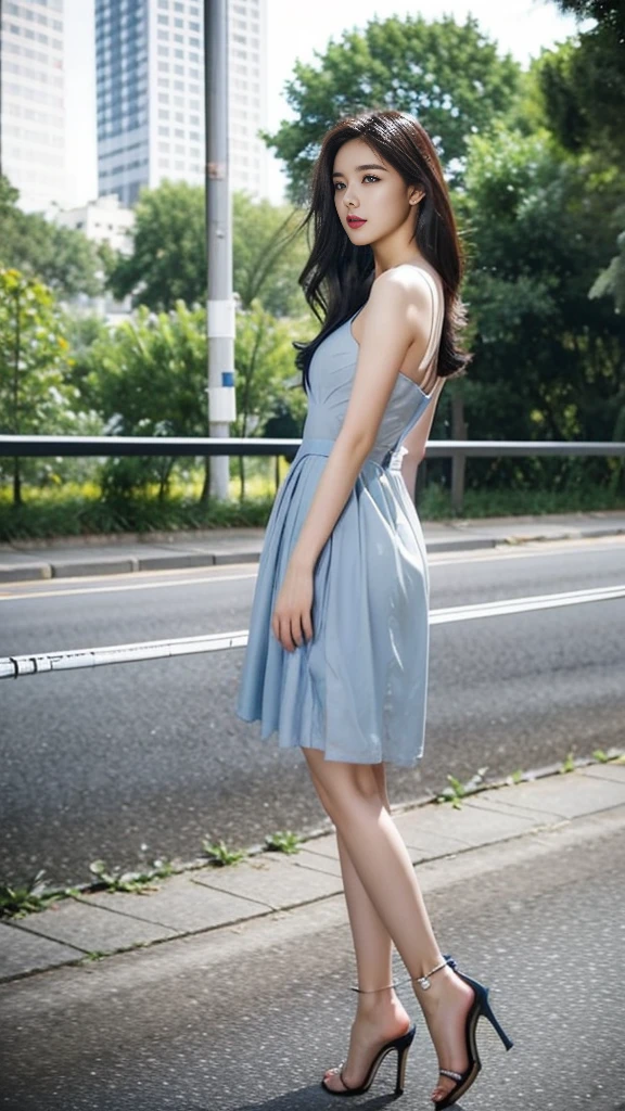 summer,18 years old plump girl,Clear facial features,Exquisite makeup,(Tight suspender skirt,Sexy short dress with hip wrap,High-heeled sandals),Thin waist and thick hips,Street background,Full body photos from all angles,grace
