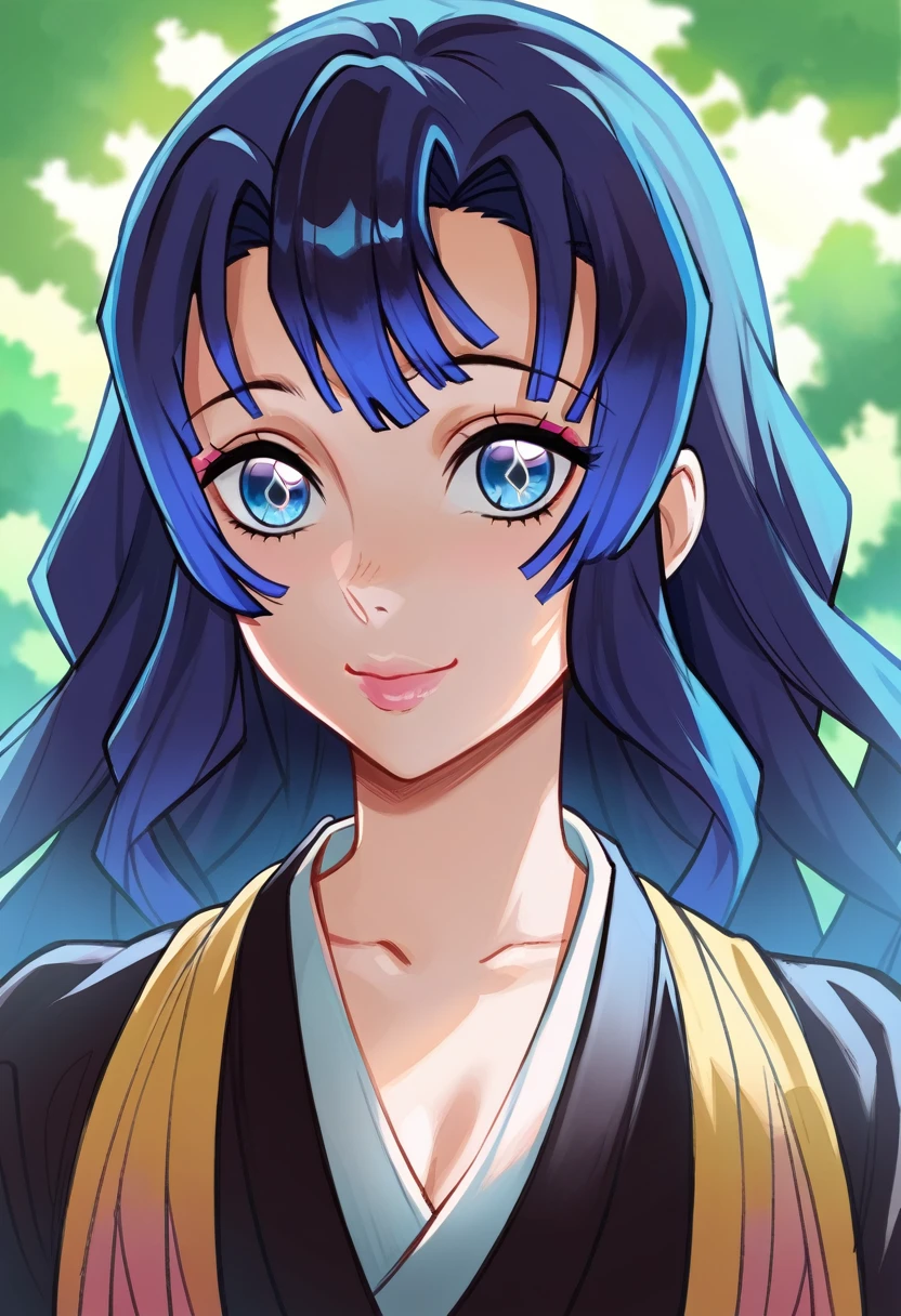 a cartoon character from Demon Slayer, 1girl, beautiful detailed eyes, beautiful detailed lips, extremely cute, smile cute, black and BLUE hair, BLUE Eyes,  usando uma saia, e vestindo um Haori branco, olhos azuis oceano, fundo de dia, background light day Forest. Kimetsu no Yaiba/Demon Slayer 