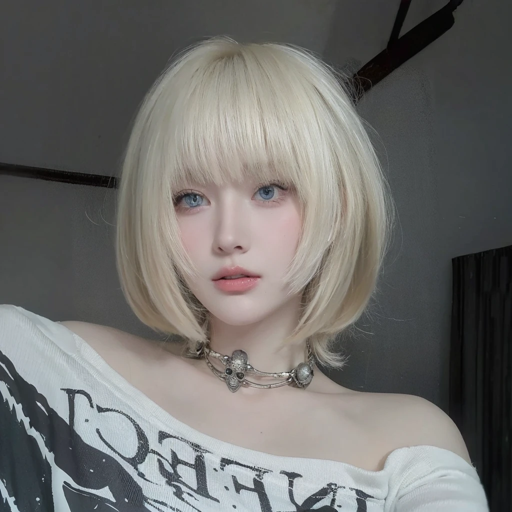 White-blonde beauty with short hair,Natural and beautiful hair,Background mysterious senior