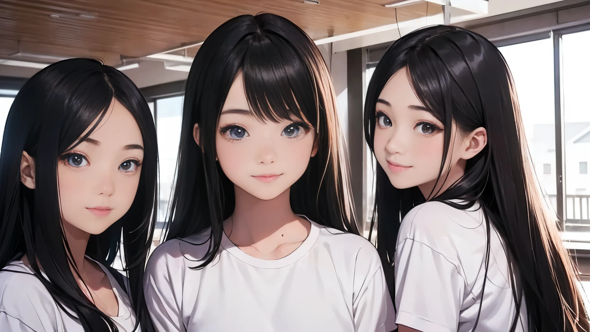 Gymnastics、volleyball、player、5 girls, Photo of beautiful Japanese idols in School, [smile], School、 masterpiece, highest quality, perfect lighting,  White T-shirt、hair above one eye、hair accessorieidsummer、super fine illustration,(((beautiful fine hair))),(((beautiful fine face))),(((beautiful fine background))),