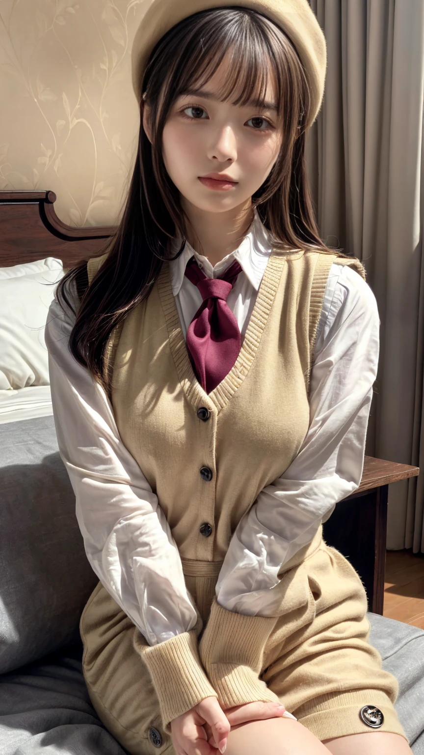 (absurdres:1.3), (highres:1.3), (ultra detailed:1.3),(1girl:1.3), (extremely detailed CG unity 8k wallpaper:1.3), (detailed skin texture, detailed cloth texture, detailed hair texture), (beautiful detailed face, supermodel, pale skin, realistic glistening skin), (RAW photo, best quality), (realistic, photo-realistic:1.4), masterpiece, extremely delicate and beautiful,Amazing, finely detail, extremely detailed CG unity 8k wallpaper, huge filesize, ultra-detailed, highres, absurdres, soft light,rim light, vibrant details, hotel room, straight hair, large breasts, black hair color, Big Natural Color Lip, (perfect body shape), beautiful legs, BREAK (beige theme:1.5), (beige short-culotte:1.4), ((beige vest, arms exposed vest, button):1.3), (long sleeve white shirt:1.4), (necktie:1.2), (beige beret with Ribbon:1.4), (bare legs:1.3), (white socks:1.2) ,(brown loafers:1.3), crying a little、Harajuku style、20 year old girl、cute type、ta、