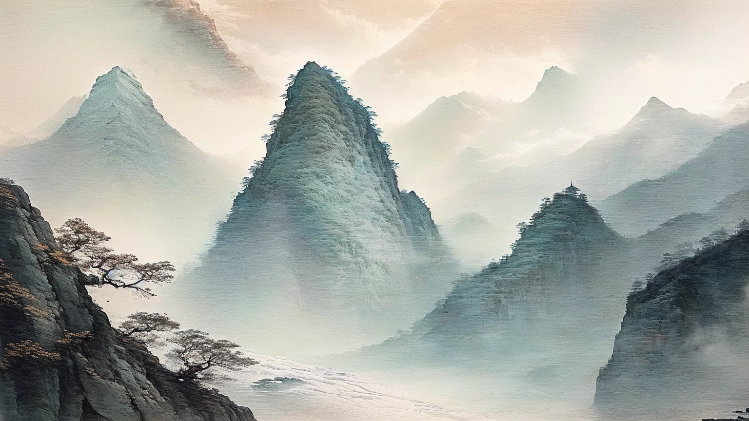 there is a painting of a mountain with a boat in the water, chinese landscape, inspired by Ma Yuan, chinese watercolor style, inspired by Shen Shichong, inspired by Hu Zao, mist, chinese style painting, shadows. asian landscape, misty mountains, sumi - e art, mountainscape, inspired by Huang Binhong, mountain, chinese painting style