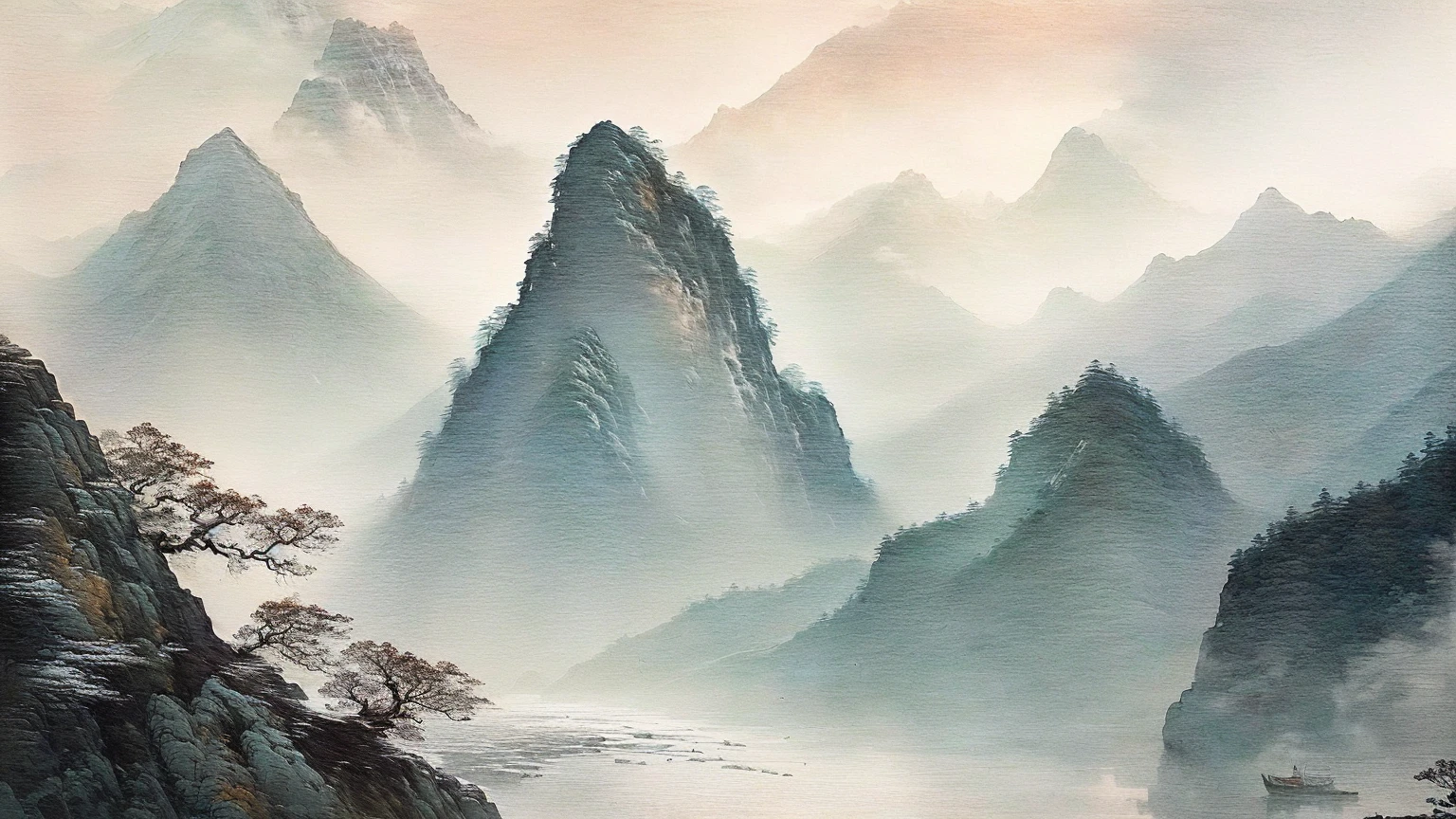 there is a painting of a mountain with a boat in the water, chinese landscape, inspired by Ma Yuan, chinese watercolor style, inspired by Shen Shichong, inspired by Hu Zao, mist, chinese style painting, shadows. asian landscape, misty mountains, sumi - e art, mountainscape, inspired by Huang Binhong, mountain, chinese painting style