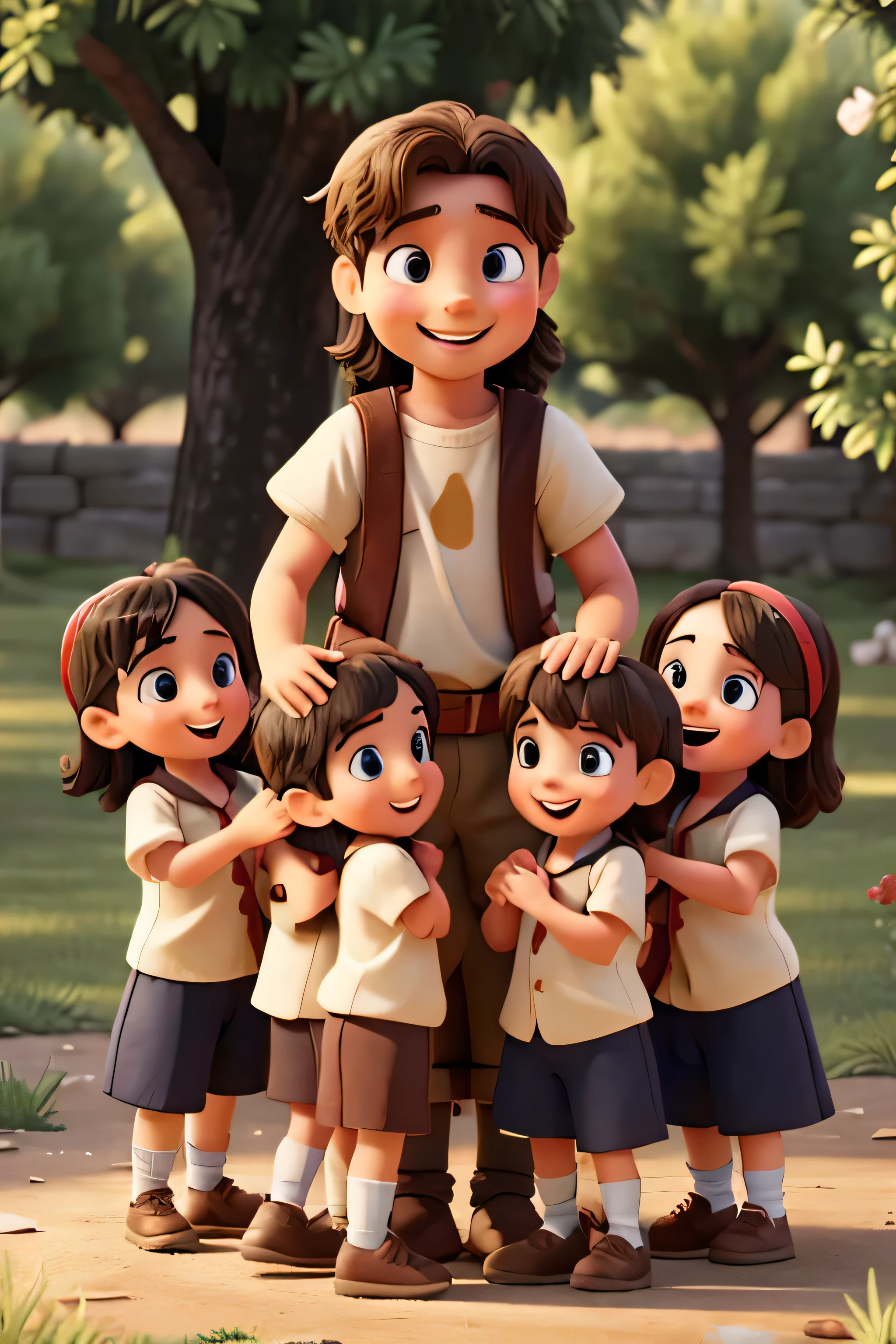 a group of happy children play around a male character from the bible book Jesus Christ