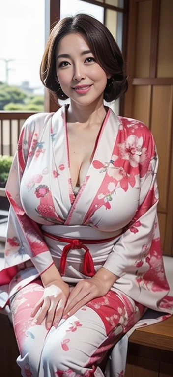 The most beautiful moms in Japan(Huge)、wear a gorgeous kimono、Traditional Japanese bust 98 cm、Huge breasts that are too big and saggy、Sit up straight、January、With a smile、New Year Greetings、Bust Emphasis